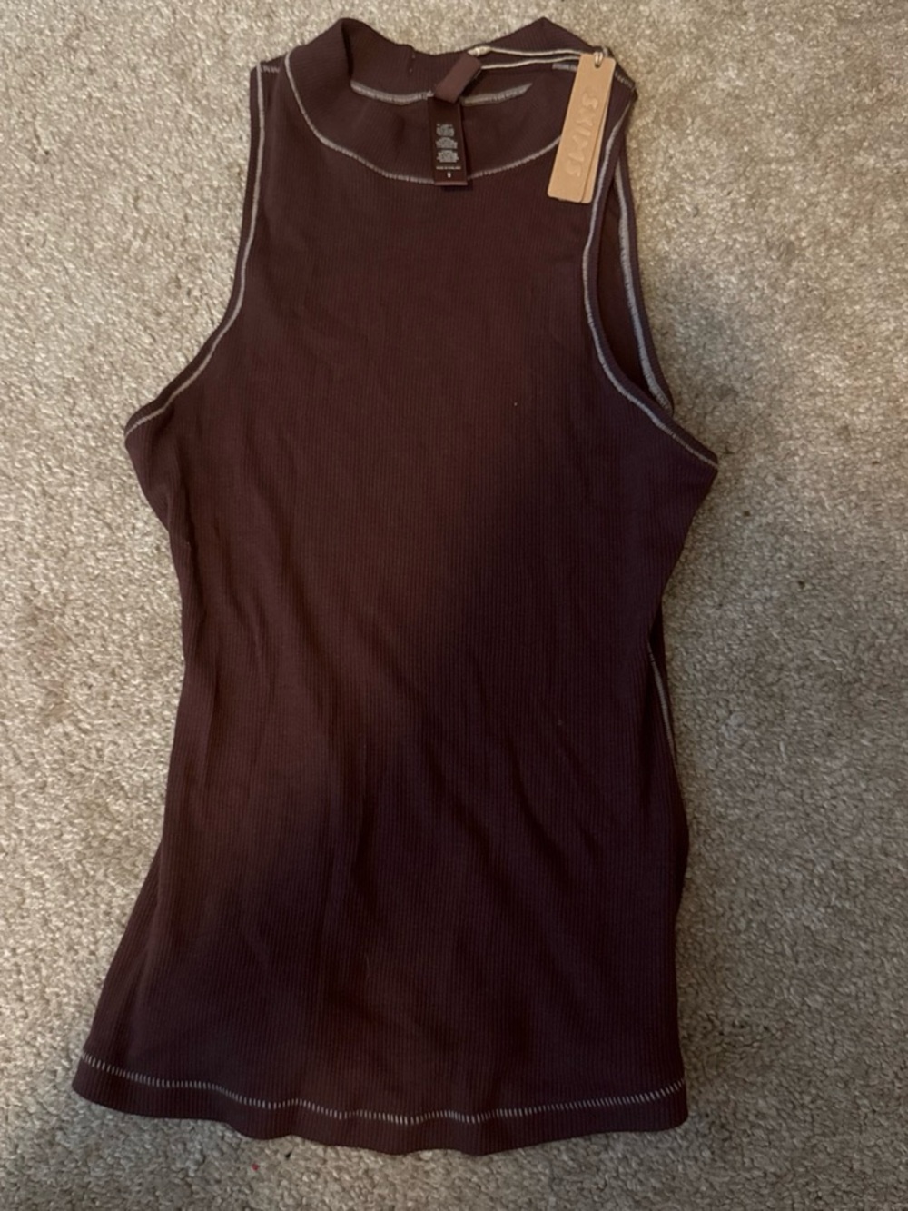 SKIMS Ribbed Sleeveless Tank in Dark Brown with Contrast Stitching